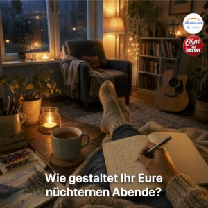 Gemütlicher, alkoholfreier Feierabend in einer warm beleuchteten Wohnung: Eine Person sitzt entspannt mit einer Tasse Tee auf dem Sofa und schreibt in ein Notizbuch. Auf dem Tisch liegen Aquarellfarben und ein begonnenes Bild, im Hintergrund stehen Bücher, eine Gitarre und Zimmerpflanzen. Draußen ist es dunkel und regnerisch. Die Szene vermittelt Ruhe, Kreativität und die neu gewonnene Freiheit, nüchterne Abende bewusst und erfüllend zu gestalten.