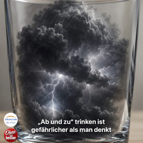 Transparentes Trinkglas auf einem hellen Holztisch. Im Inneren befindet sich statt einer Flüssigkeit eine dunkle Gewitterwolke mit Blitzen – Symbol für die unsichtbare Gefahr episodischen Rauschtrinkens und der Dipsomanie hinter einer scheinbar harmlosen Fassade.