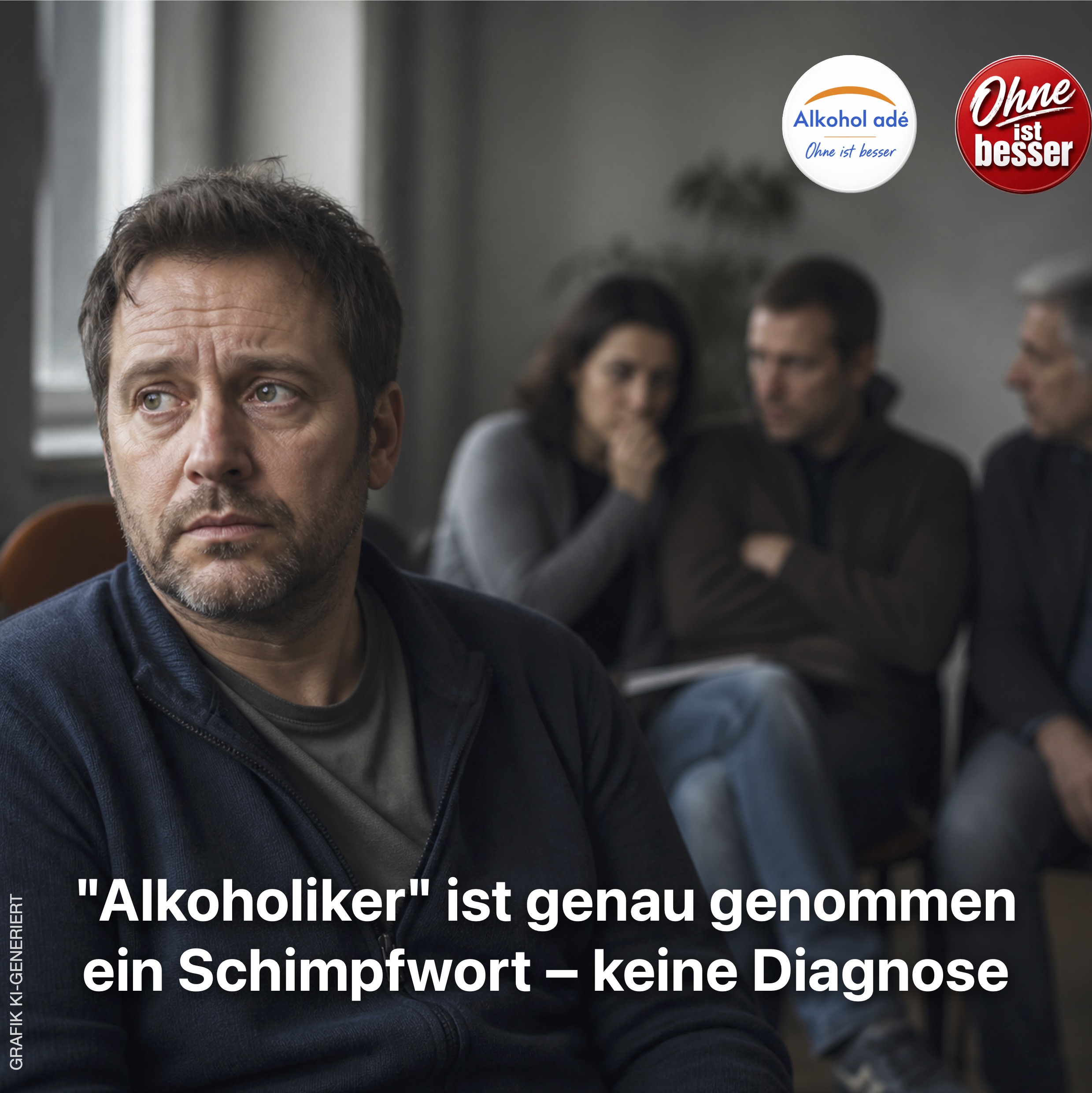 Ein nachdenklicher Mann sitzt im Vordergrund, während sich im unscharfen Hintergrund mehrere Personen über ihn zu unterhalten scheinen. Seine angespannte Mimik vermittelt das Gefühl, beurteilt und ausgegrenzt zu werden.