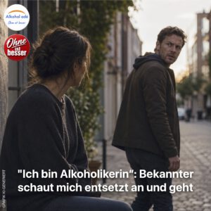 Frau sitzt nachdenklich am Rand einer Straße und blickt einem Bekannten hinterher, der sich beim Weggehen noch mit sichtbar erschrockenem und irritiertem Gesicht zu ihr umdreht.