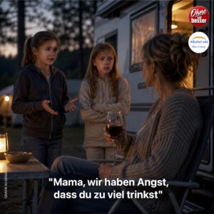 Mutter sitzt am Abend mit einem Glas Wein vor dem Wohnmobil auf einem Campingplatz. Ihre beiden jungen Töchter stehen besorgt vor ihr und sprechen sie auf ihren Alkoholkonsum an.