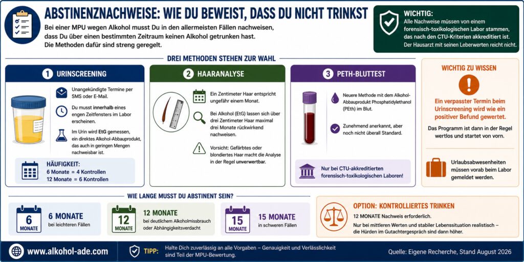 Infografik zu Abstinenznachweisen bei einer MPU wegen Alkohol. Sie zeigt die drei Nachweismethoden Urinscreening, Haaranalyse und PEth-Bluttest, die möglichen Abstinenzzeiträume von 6, 12 und 15 Monaten sowie wichtige Regeln zu CTU-Laboren, Kontrollterminen und Urlaubsabwesenheiten.