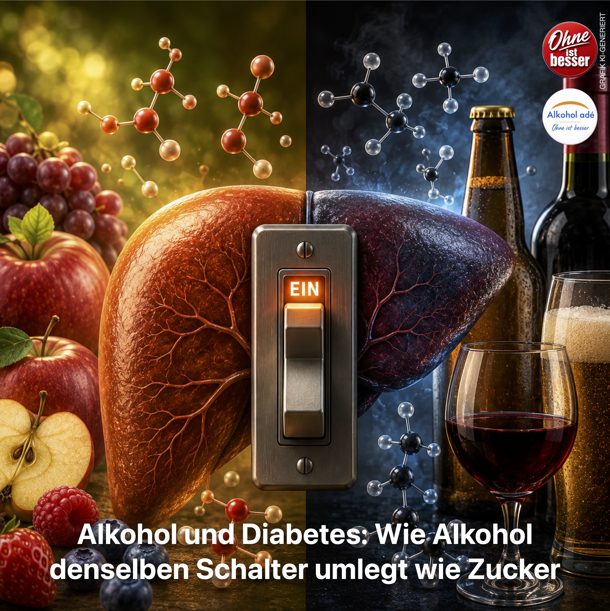 Geteilte Darstellung einer Leber: Links stehen Äpfel, Beeren und Molekülmodelle für Fruchtzucker, rechts Wein und Bier für Alkohol. Ein zentraler eingeschalteter Schalter symbolisiert, dass Alkohol und Fruktose denselben Stoffwechselweg aktivieren.