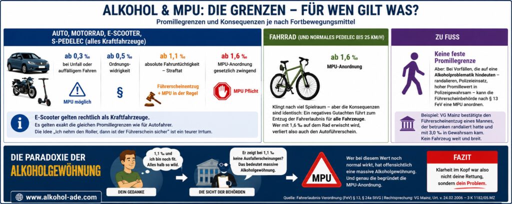 Infografik zu Alkohol und MPU: Sie zeigt die Promillegrenzen und möglichen Folgen für Auto, Motorrad, E-Scooter und S-Pedelec, Fahrrad sowie Fußgänger. Zusätzlich erklärt sie die paradoxe Bedeutung von Alkoholgewöhnung: Wer bei 1,1 Promille noch unauffällig wirkt, kann dadurch den Verdacht auf eine ausgeprägte Alkoholtoleranz und eine MPU-Anordnung begründen.