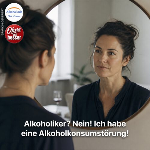 Eine nachdenkliche Frau betrachtet sich in einem runden Spiegel. Im Hintergrund steht dezent ein Weinglas. Die ruhige Szene vermittelt Selbsterkenntnis und einen offenen Umgang mit einer Alkoholkonsumstörung – ohne stigmatisierende Klischees.