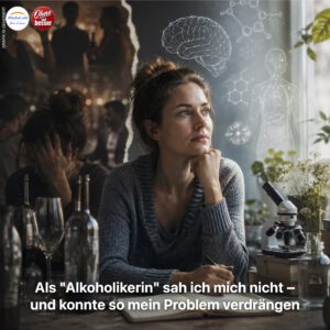 Nachdenkliche Frau zwischen zwei Welten: Im dunklen Hintergrund stehen Alkohol und belastende Erfahrungen, während Bücher, Mikroskop und wissenschaftliche Darstellungen ihren Weg zu einem sachlichen Verständnis ihres Alkoholkonsums symbolisieren.