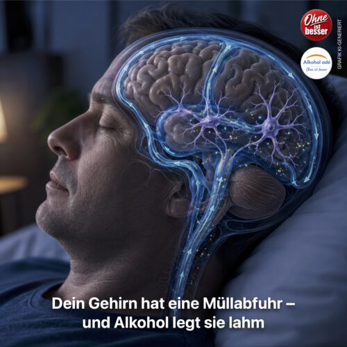Schlafender Mann mit transparent dargestelltem Gehirn; leuchtende Flüssigkeitsbahnen und Astrozyten symbolisieren, wie das glymphatische System während des Schlafs Stoffwechselabfälle aus dem Gehirn abtransportiert.