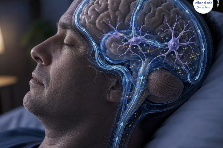 Schlafender Mann mit transparent dargestelltem Gehirn; leuchtende Flüssigkeitsbahnen und Astrozyten symbolisieren, wie das glymphatische System während des Schlafs Stoffwechselabfälle aus dem Gehirn abtransportiert.