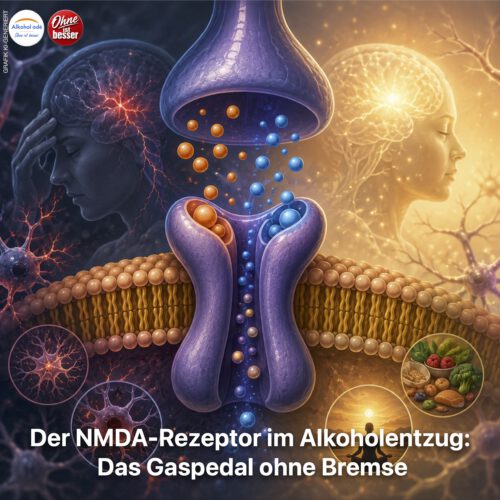 Medizinische Illustration eines NMDA-Rezeptors in der Nervenzellmembran mit einströmenden Ionen; links symbolisiert ein übererregtes Gehirn den Alkoholentzug, rechts ein beruhigtes Nervensystem die schrittweise Erholung.