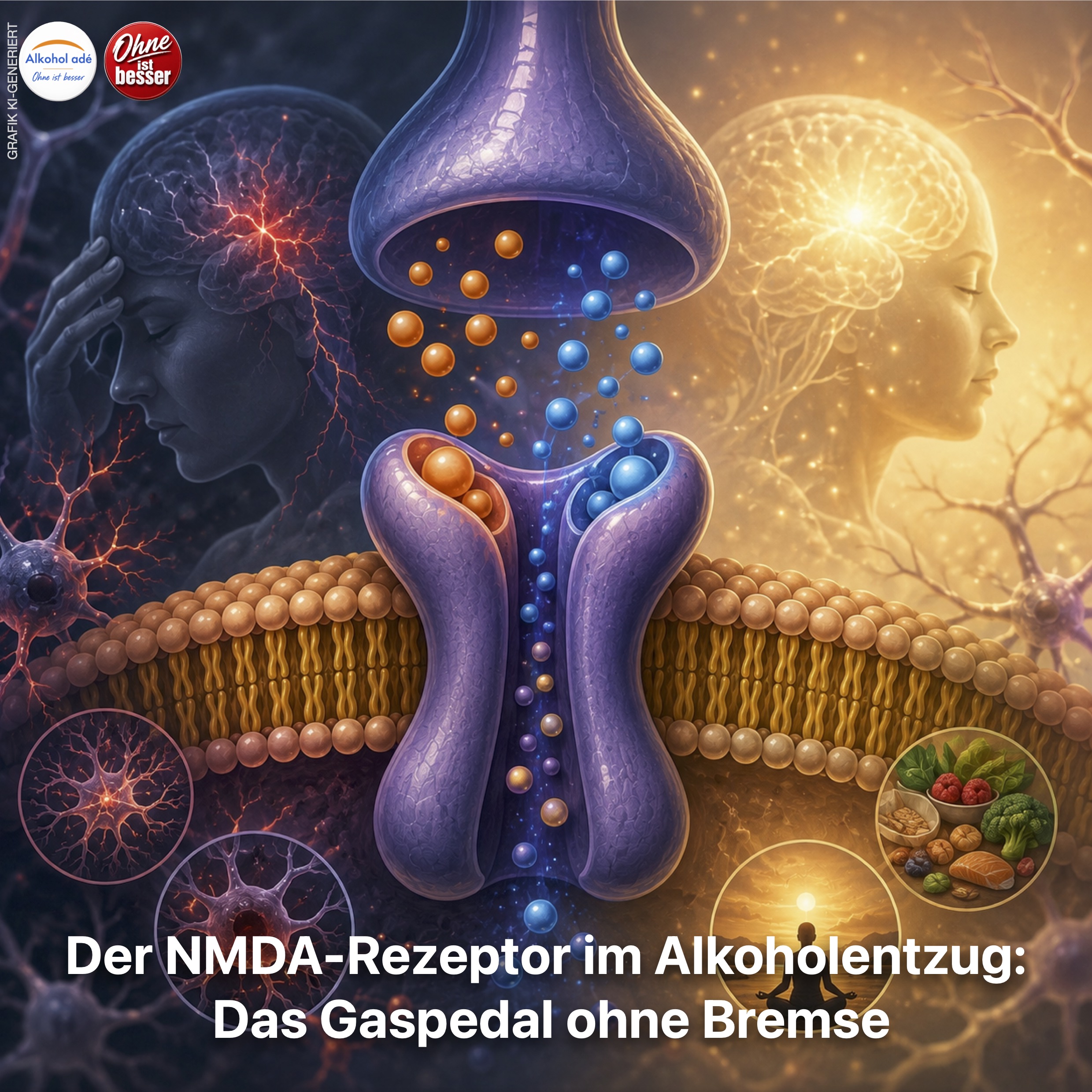 Medizinische Illustration eines NMDA-Rezeptors in der Nervenzellmembran mit einströmenden Ionen; links symbolisiert ein übererregtes Gehirn den Alkoholentzug, rechts ein beruhigtes Nervensystem die schrittweise Erholung.