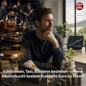 Nachdenklicher Mann zwischen zwei Welten: links teurer Whisky, Restaurantbesuche, Taxi und Pakete als Symbol für alkoholbedingte Ausgaben, rechts Münzen und ein steigender Anlagechart als Symbol für das durch Abstinenz gesparte und investierte Geld.