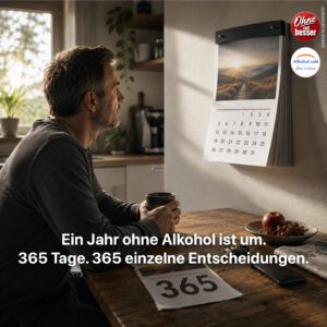 Ein Mann sitzt morgens mit einer Tasse Kaffee am Küchentisch und blickt nachdenklich auf den Kalender. Vor ihm liegt das abgerissene Blatt mit der großen Zahl 365 – Symbol für ein abgeschlossenes Jahr ohne Alkohol und den Beginn des nächsten nüchternen Tages.