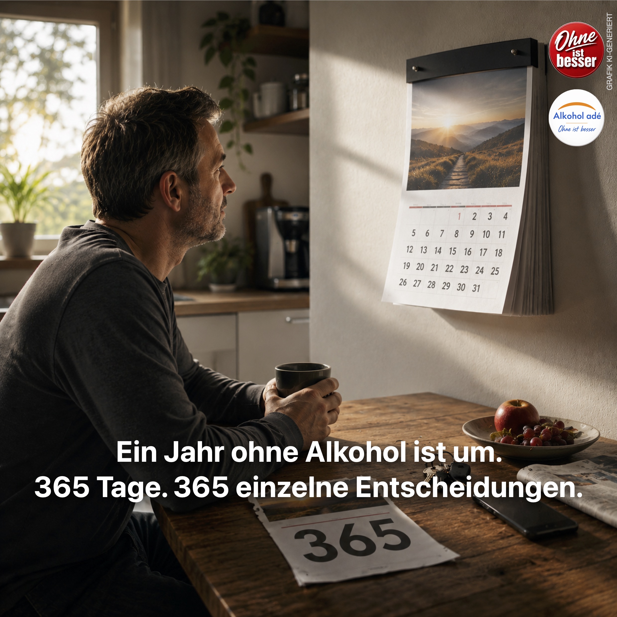 Ein Mann sitzt morgens mit einer Tasse Kaffee am Küchentisch und blickt nachdenklich auf den Kalender. Vor ihm liegt das abgerissene Blatt mit der großen Zahl 365 – Symbol für ein abgeschlossenes Jahr ohne Alkohol und den Beginn des nächsten nüchternen Tages.