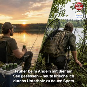 Geteilte Szene eines Anglers am See: links sitzt er mit Bier und Kühlbox passiv an seiner Angel, rechts bahnt er sich mit Angelausrüstung aktiv einen Weg durchs dichte Unterholz zu einem neuen Angelplatz.