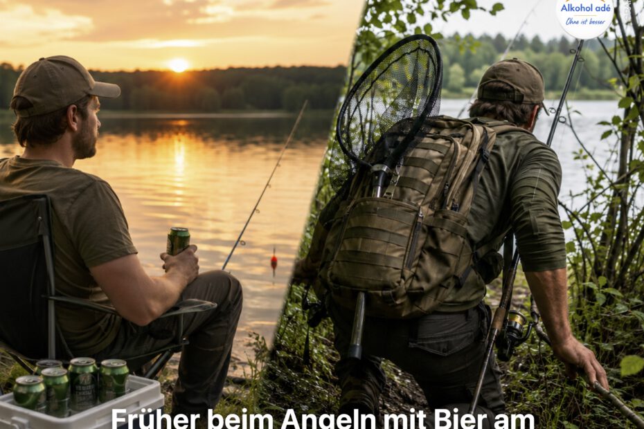Geteilte Szene eines Anglers am See: links sitzt er mit Bier und Kühlbox passiv an seiner Angel, rechts bahnt er sich mit Angelausrüstung aktiv einen Weg durchs dichte Unterholz zu einem neuen Angelplatz.