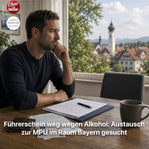 Mann sitzt nachdenklich an einem Tisch mit Führerschein und Unterlagen; ein leerer Stuhl gegenüber symbolisiert die Suche nach Austausch zur MPU in Bayern.