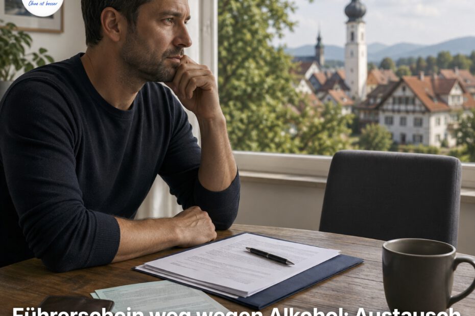 Mann sitzt nachdenklich an einem Tisch mit Führerschein und Unterlagen; ein leerer Stuhl gegenüber symbolisiert die Suche nach Austausch zur MPU in Bayern.