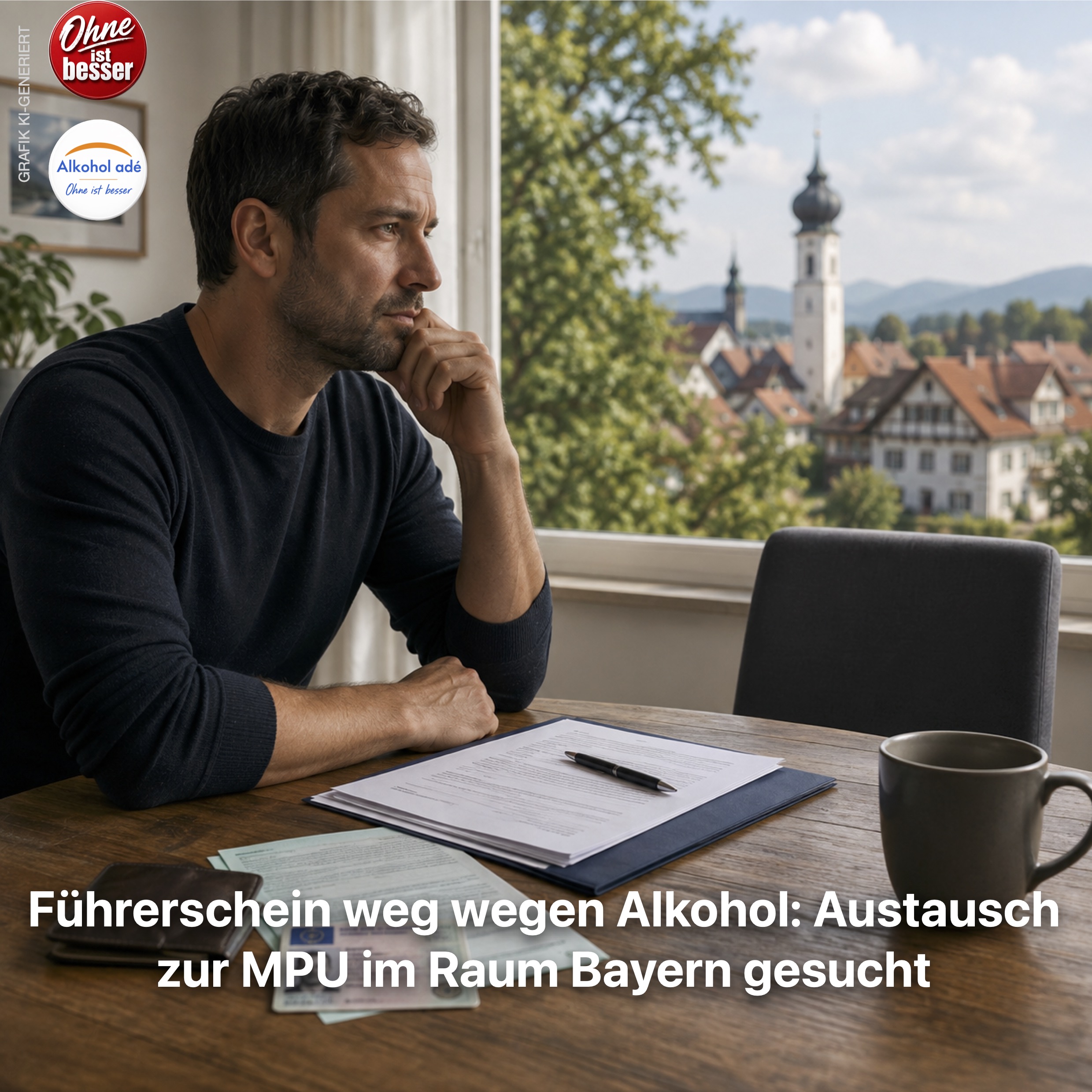 Mann sitzt nachdenklich an einem Tisch mit Führerschein und Unterlagen; ein leerer Stuhl gegenüber symbolisiert die Suche nach Austausch zur MPU in Bayern.