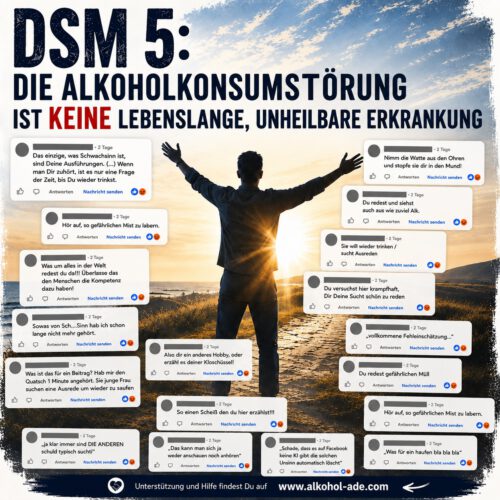 Hero-Grafik zum DSM-5 mit einem Mann, der vor der aufgehenden Sonne die Arme ausbreitet. Um ihn herum stehen zahlreiche anonymisierte, teils beleidigende Facebook-Kommentare. Darüber die Aussage: „DSM 5: Die Alkoholkonsumstörung ist keine lebenslange, unheilbare Erkrankung.“