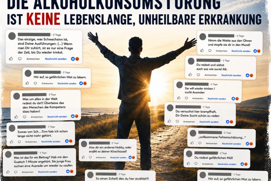 Hero-Grafik zum DSM-5 mit einem Mann, der vor der aufgehenden Sonne die Arme ausbreitet. Um ihn herum stehen zahlreiche anonymisierte, teils beleidigende Facebook-Kommentare. Darüber die Aussage: „DSM 5: Die Alkoholkonsumstörung ist keine lebenslange, unheilbare Erkrankung.“