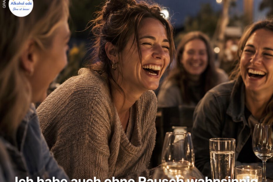 Fröhliche Frau lacht ausgelassen mit Freunden bei einem geselligen Abend. Während andere Wein trinken, steht vor ihr Wasser – sie genießt die Gemeinschaft und den Spaß nüchtern.