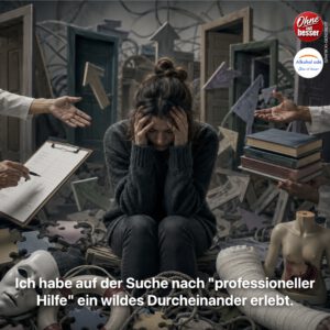 Überforderte Frau sitzt inmitten eines chaotischen Labyrinths aus Türen, Wegweisern, Formularen und ausgestreckten Händen. Medizinische Symbole und widersprüchliche Richtungen stehen sinnbildlich für ihre Erfahrungen mit unpassenden Standardprogrammen, Fehldiagnosen und widersprüchlicher professioneller Hilfe.