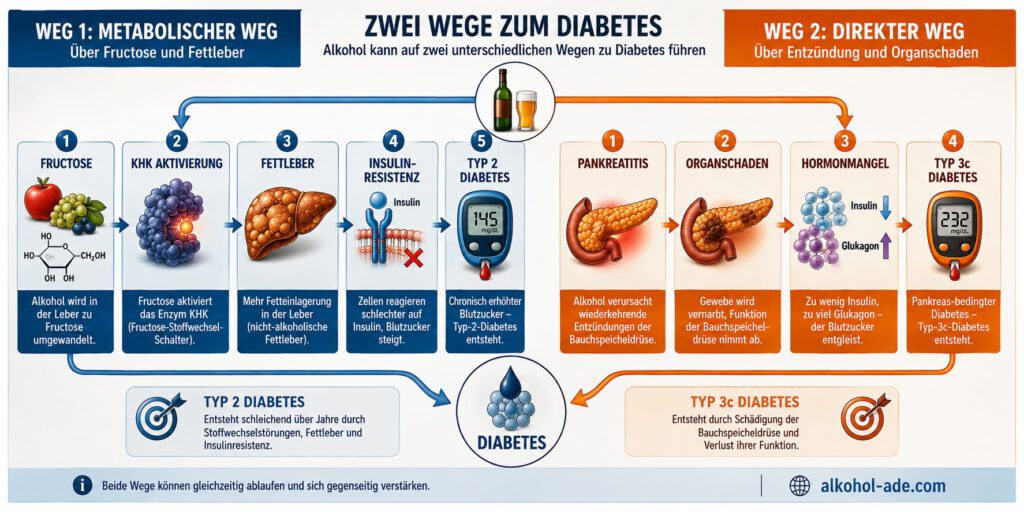 Infografik „Zwei Wege zum Diabetes“: Der blaue Stoffwechselweg führt von Alkohol über Fructose, KHK-Aktivierung und Fettleber zur Insulinresistenz und zu Typ-2-Diabetes. Der orange Weg zeigt Alkohol als Ursache von Pankreatitis und Organschäden mit Insulin- und Glukagonstörungen bis zum pankreasbedingten Typ-3c-Diabetes. Beide Wege können gleichzeitig auftreten und sich gegenseitig verstärken.