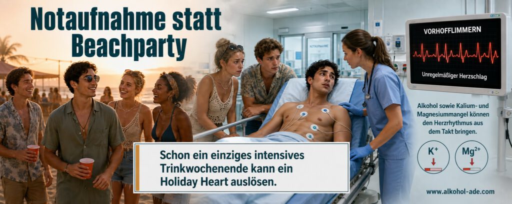 Infografik „Notaufnahme statt Beachparty“: Links feiert eine Gruppe junger Erwachsener am Strand. Rechts liegt einer von ihnen mit Herzbeschwerden in einer Notaufnahme. Auf seinem freien Oberkörper sind Elektroden zur Überwachung des Herzrhythmus angebracht. Der Monitor zeigt einen unregelmäßigen Herzschlag und weist auf Vorhofflimmern hin. Symbole veranschaulichen niedrige Kalium- und Magnesiumwerte. Die Grafik erklärt, dass bereits ein einziges intensives Trinkwochenende ein Holiday Heart auslösen kann.