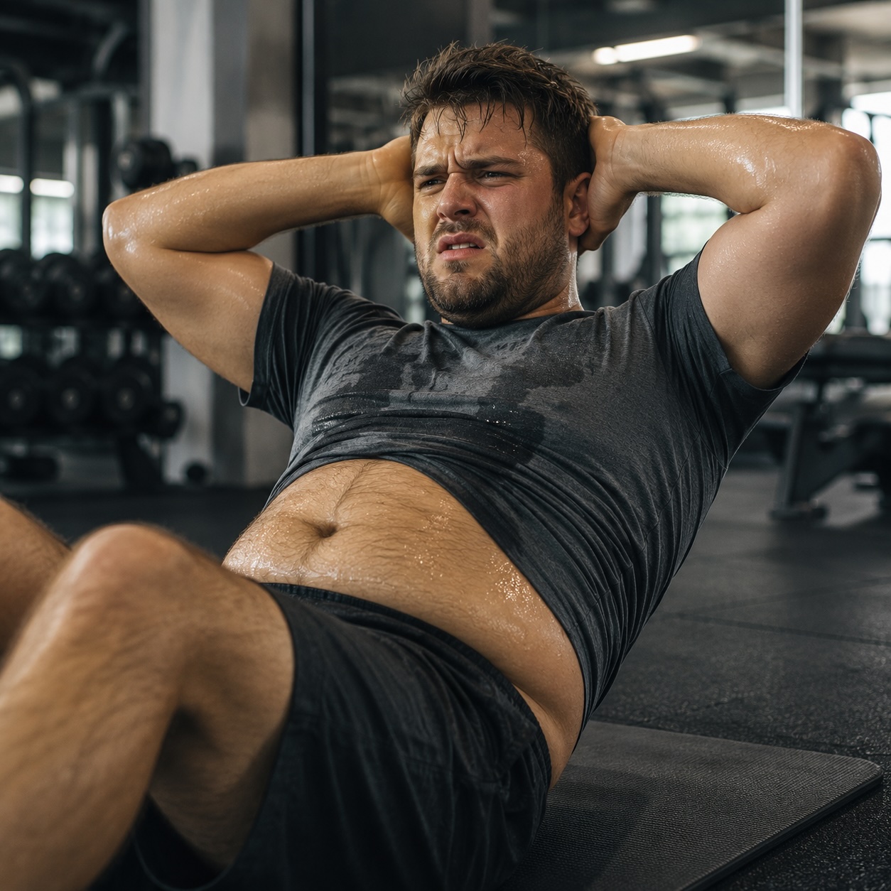 Junger Mann mit sichtbarem Bierbauch macht im Fitnessstudio erschöpft Sit-ups. Sein T-Shirt ist schweißnass, sein Gesicht zeigt Anstrengung und leichten Frust. Das Bild verdeutlicht, dass Sit-ups zwar die Bauchmuskeln stärken, das gesundheitlich besonders problematische viszerale Bauchfett jedoch nicht gezielt abbauen – insbesondere dann nicht, wenn regelmäßiger Alkoholkonsum die Fettverbrennung zusätzlich hemmt.