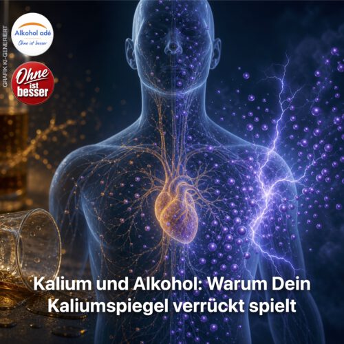 Transparente menschliche Silhouette mit leuchtendem Herzen und Nervenbahnen zwischen einem umgekippten Alkoholglas und violetten elektrischen Impulsen als Symbol für einen schwankenden Kaliumspiegel.