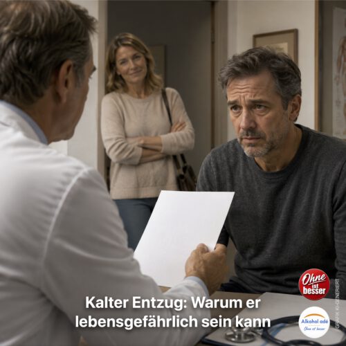 Hausarzt übergibt einem besorgt wirkenden Mann eine Klinikeinweisung. Im Hintergrund steht seine erleichterte Frau und beobachtet das Gespräch.