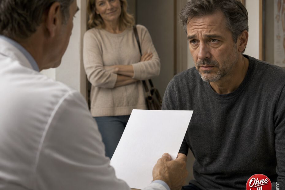 Hausarzt übergibt einem besorgt wirkenden Mann eine Klinikeinweisung. Im Hintergrund steht seine erleichterte Frau und beobachtet das Gespräch.