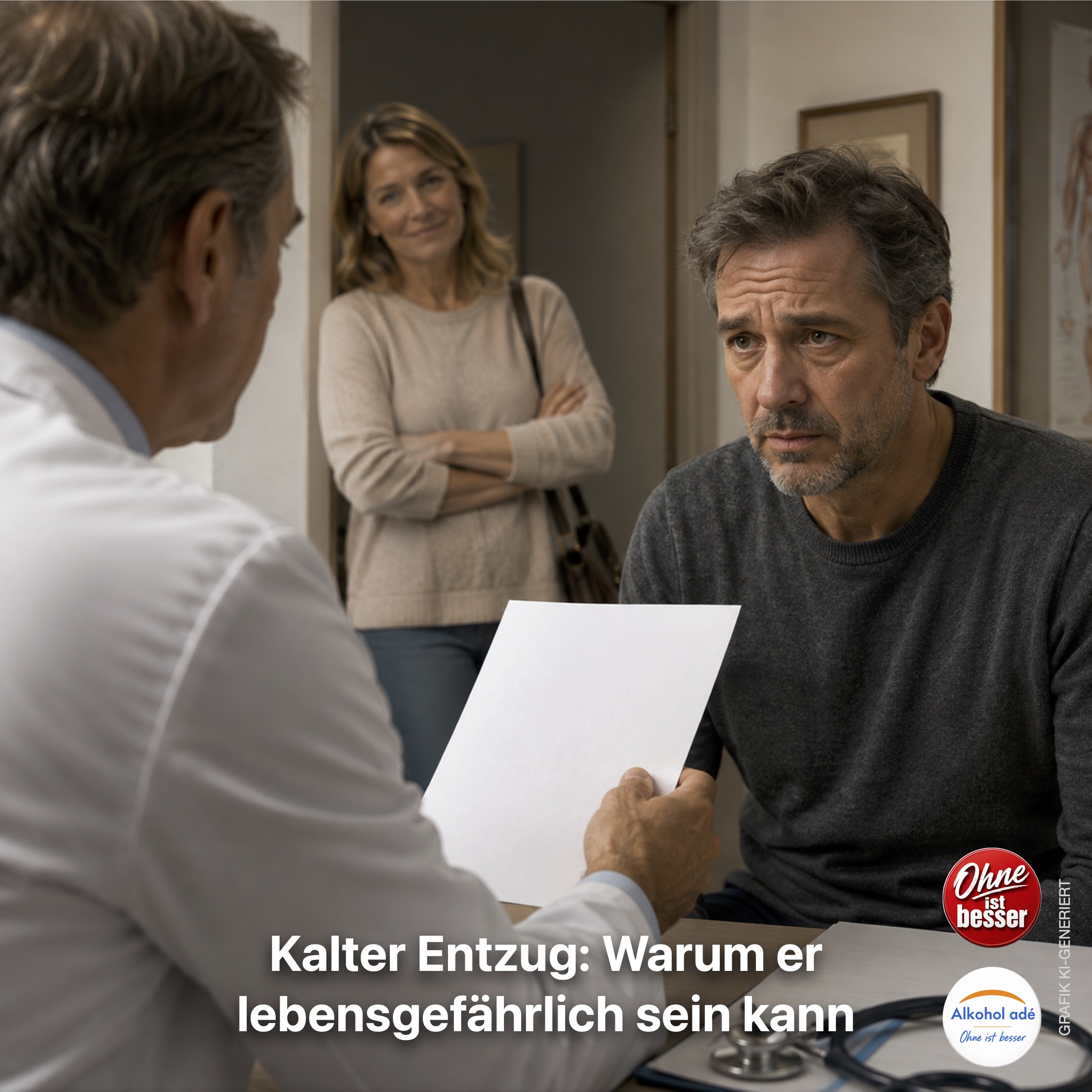 Hausarzt übergibt einem besorgt wirkenden Mann eine Klinikeinweisung. Im Hintergrund steht seine erleichterte Frau und beobachtet das Gespräch.