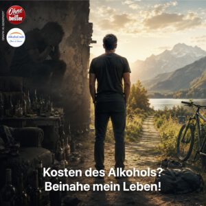 Mann steht zwischen einer dunklen, von leeren Alkoholflaschen geprägten Vergangenheit und einem hellen Weg in die Natur – Sinnbild dafür, dass der Verzicht auf Alkohol nicht nur Geld spart, sondern vor allem Gesundheit, Lebenszeit und Lebensqualität zurückbringt.