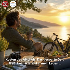 Ein Mann sitzt bei Sonnenuntergang an einem See. Fahrrad, Kamera, Wanderschuhe und weitere Freizeitutensilien stehen sinnbildlich dafür, dass das durch Alkoholverzicht gesparte Geld heute in Erlebnisse und Lebensqualität fließt.