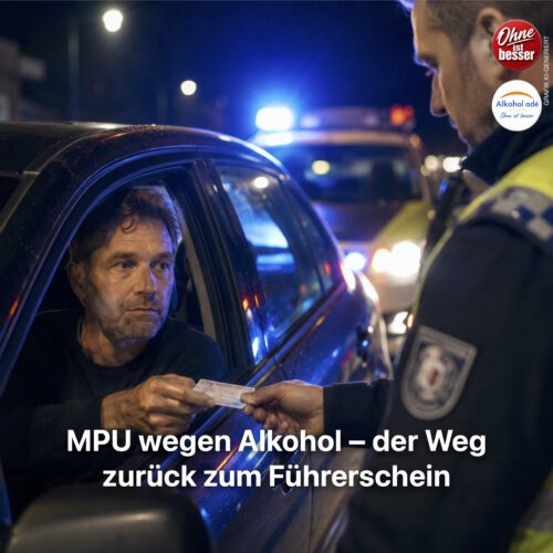 Nächtliche Polizeikontrolle: Ein Mann sitzt am Steuer seines Autos und übergibt einem Polizeibeamten seinen Führerschein. Im Hintergrund steht ein Streifenwagen mit eingeschaltetem Blaulicht.