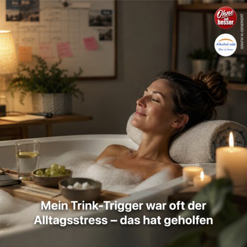 Entspannte Frau liegt nach einem stressigen Alltag in einer warmen Badewanne, die Augen geschlossen und zufrieden lächelnd. Kerzen, Wasser und ein kleiner Snack unterstreichen die bewusste Auszeit und Erholung ohne Alkohol.