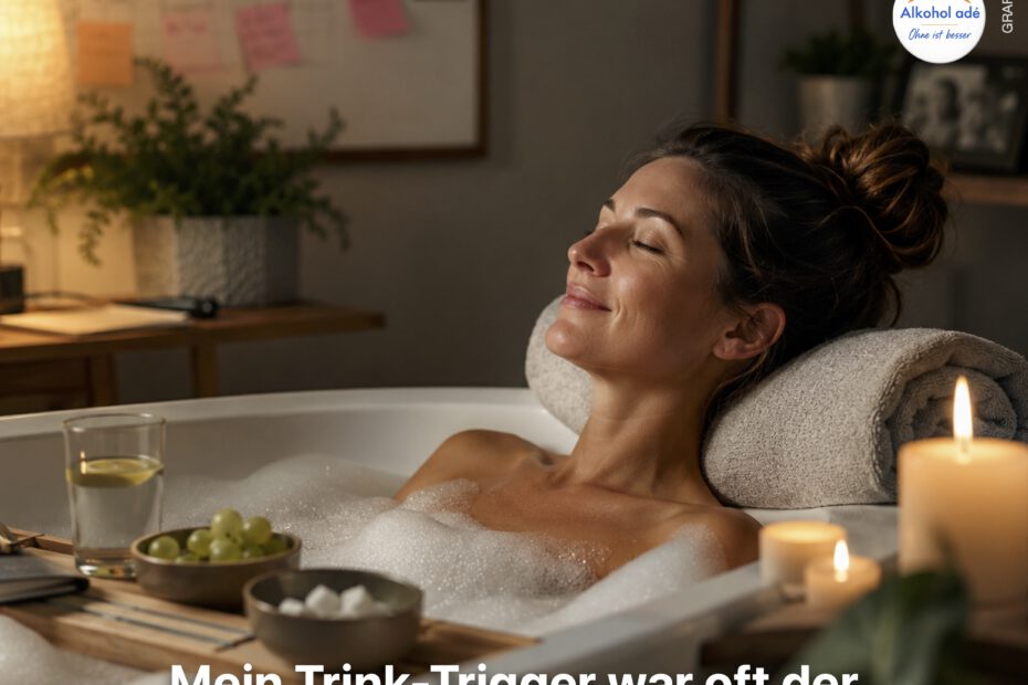 Entspannte Frau liegt nach einem stressigen Alltag in einer warmen Badewanne, die Augen geschlossen und zufrieden lächelnd. Kerzen, Wasser und ein kleiner Snack unterstreichen die bewusste Auszeit und Erholung ohne Alkohol.