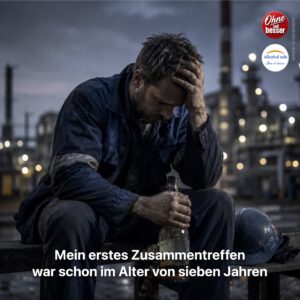 Erschöpfter Schichtarbeiter in Arbeitskleidung sitzt nachdenklich vor einer Industrieanlage und hält eine Schnapsflasche in der Hand.