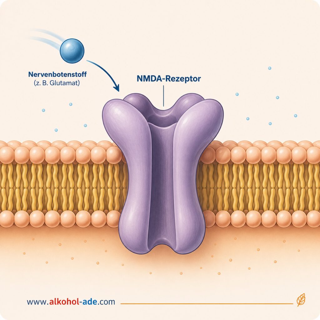 Die Grafik zeigt ein vereinfachtes Grundmodell eines NMDA-Rezeptors. Der violett dargestellte Rezeptor ist ein Protein, das die Zellmembran einer Nervenzelle durchspannt und einen Ionenkanal bildet. Die Membran ist als typische Lipid-Doppelschicht dargestellt.