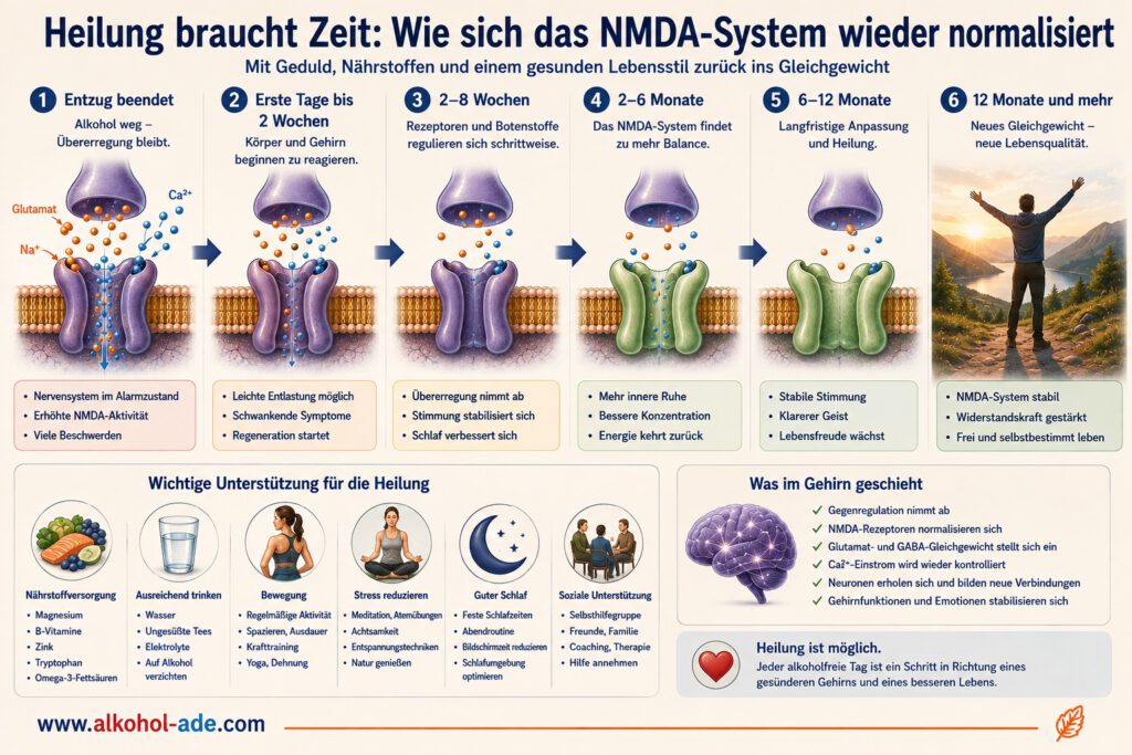 Die Grafik zeigt schematisch, wie sich das durch chronischen Alkoholkonsum veränderte NMDA-System nach dem Trinkstopp wieder dem normalen Gleichgewicht annähern kann. Unmittelbar nach dem Absetzen fällt zunächst die dämpfende Wirkung des Alkohols weg, während die zuvor entstandene Gegenregulation noch vorhanden ist.