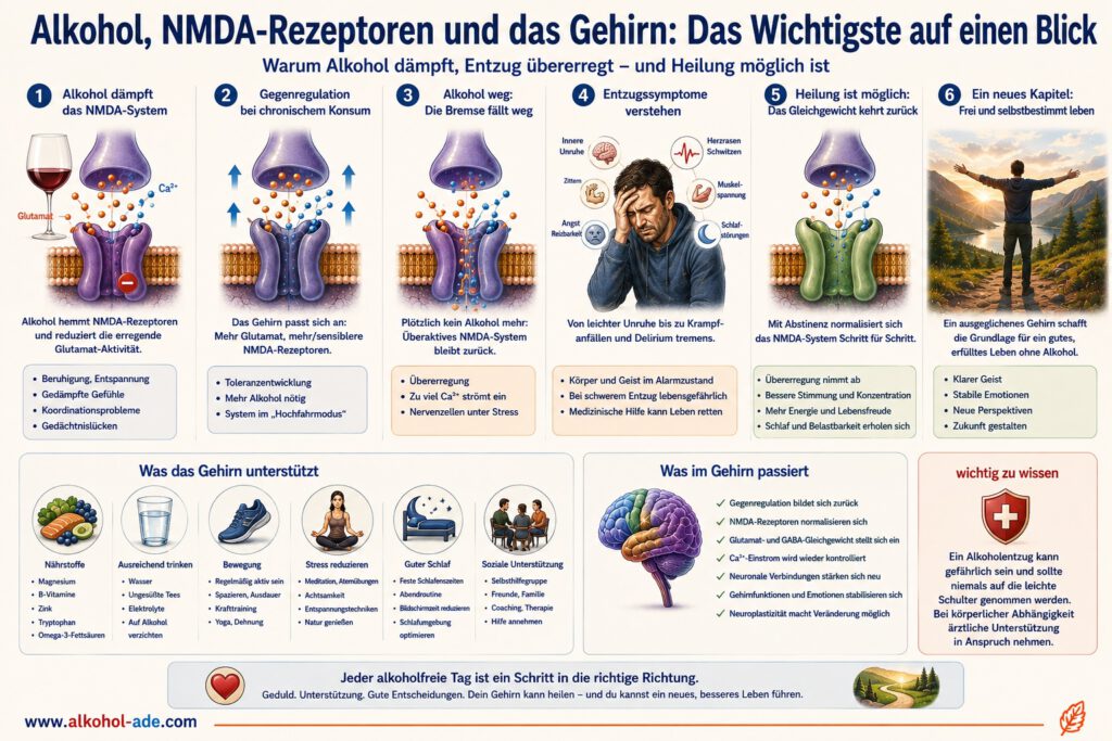 Die Grafik fasst den Zusammenhang zwischen Alkohol, NMDA-Rezeptoren, Entzug und anschließender Erholung zusammen.