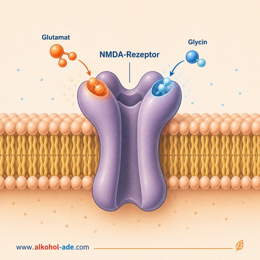 Die Grafik zeigt die beiden für die Aktivierung des NMDA-Rezeptors notwendigen Bindungsstellen. Links bindet Glutamat, der wichtigste erregende Neurotransmitter des Gehirns. Rechts ist Glycin dargestellt, das am NMDA-Rezeptor als Co-Agonist wirkt.