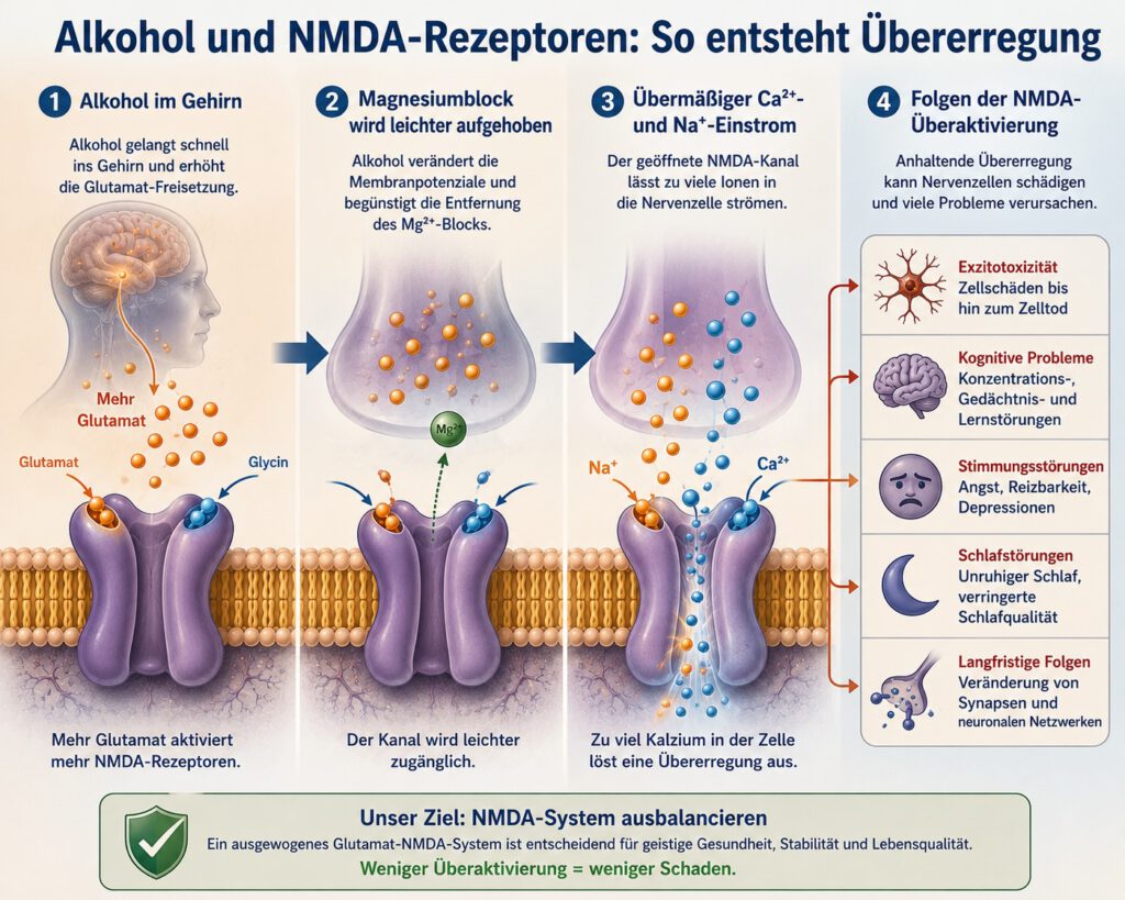 Die Grafik veranschaulicht die Rolle des NMDA-Rezeptors bei der Entstehung neuronaler Übererregung. Alkohol hemmt akut die Funktion von NMDA-Rezeptoren und verschiebt das Gleichgewicht zwischen erregenden und hemmenden Systemen im Gehirn.