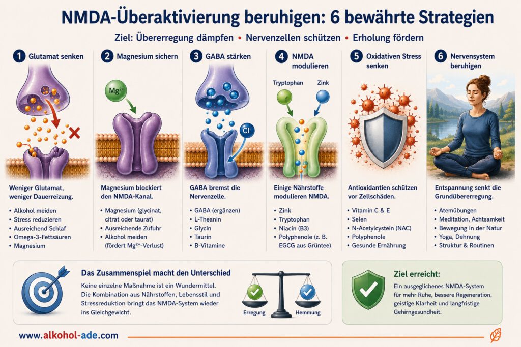 Die Grafik fasst verschiedene Ansatzpunkte zusammen, die bei einem übererregten Nervensystem und während der Erholung nach chronischem Alkoholkonsum eine Rolle spielen können. E