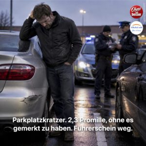 Mann steht nach einem leichten Parkplatzunfall bedrückt neben seinem Auto mit Kratzschaden. Im Hintergrund nehmen zwei Polizisten den Unfall auf, während das Blaulicht des Streifenwagens auf dem nassen Asphalt reflektiert.