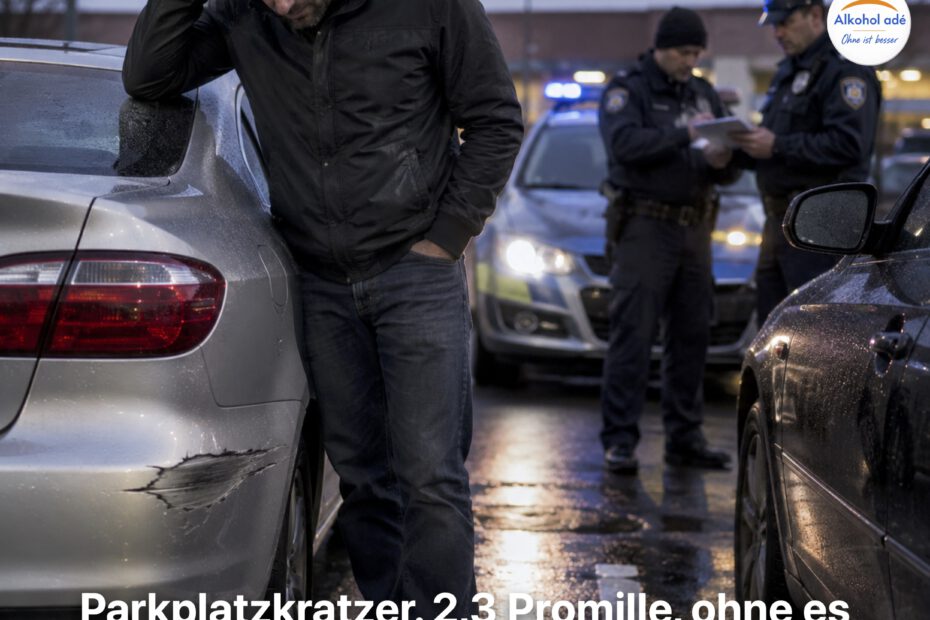 Mann steht nach einem leichten Parkplatzunfall bedrückt neben seinem Auto mit Kratzschaden. Im Hintergrund nehmen zwei Polizisten den Unfall auf, während das Blaulicht des Streifenwagens auf dem nassen Asphalt reflektiert.