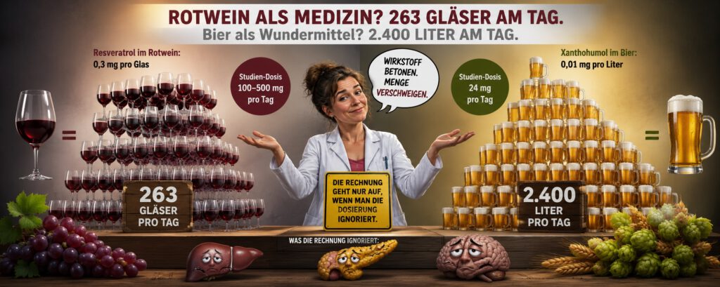 Satirische Infografik zu angeblichen Gesundheitswirkungen von Alkohol: 263 Gläser Rotwein für eine relevante Resveratrol-Dosis und 2.400 Liter Bier für die untersuchte Xanthohumol-Dosis. Leber, Bauchspeicheldrüse und Gehirn illustrieren ironisch, was diese absurde Rechnung ignoriert.