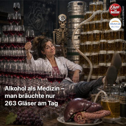 Ironische Darstellung einer Wissenschaftlerin im weißen Kittel zwischen unzähligen Gläsern Rotwein und Bier. Leber, Bauchspeicheldrüse und Skelett karikieren die absurde Vorstellung, gesundheitswirksame Pflanzenstoffe über riesige Mengen Alkohol aufzunehmen.