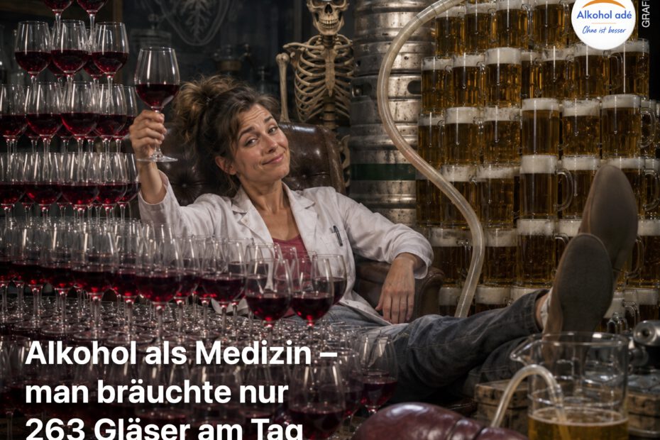 Ironische Darstellung einer Wissenschaftlerin im weißen Kittel zwischen unzähligen Gläsern Rotwein und Bier. Leber, Bauchspeicheldrüse und Skelett karikieren die absurde Vorstellung, gesundheitswirksame Pflanzenstoffe über riesige Mengen Alkohol aufzunehmen.